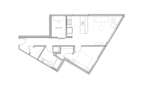 a floor plan of a small apartment with a bedroom and a living room